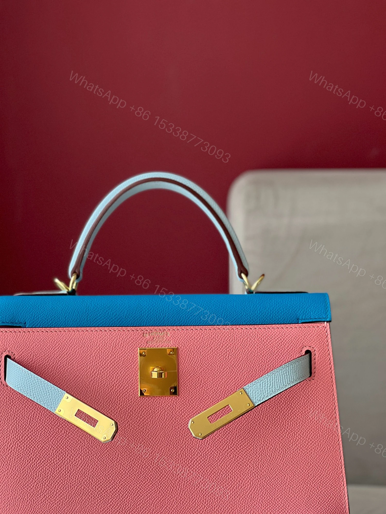 View 3 of Hermes Kelly 28 Epsom Light Blue/ Electric Blue/Rose Pink Gold Hardware