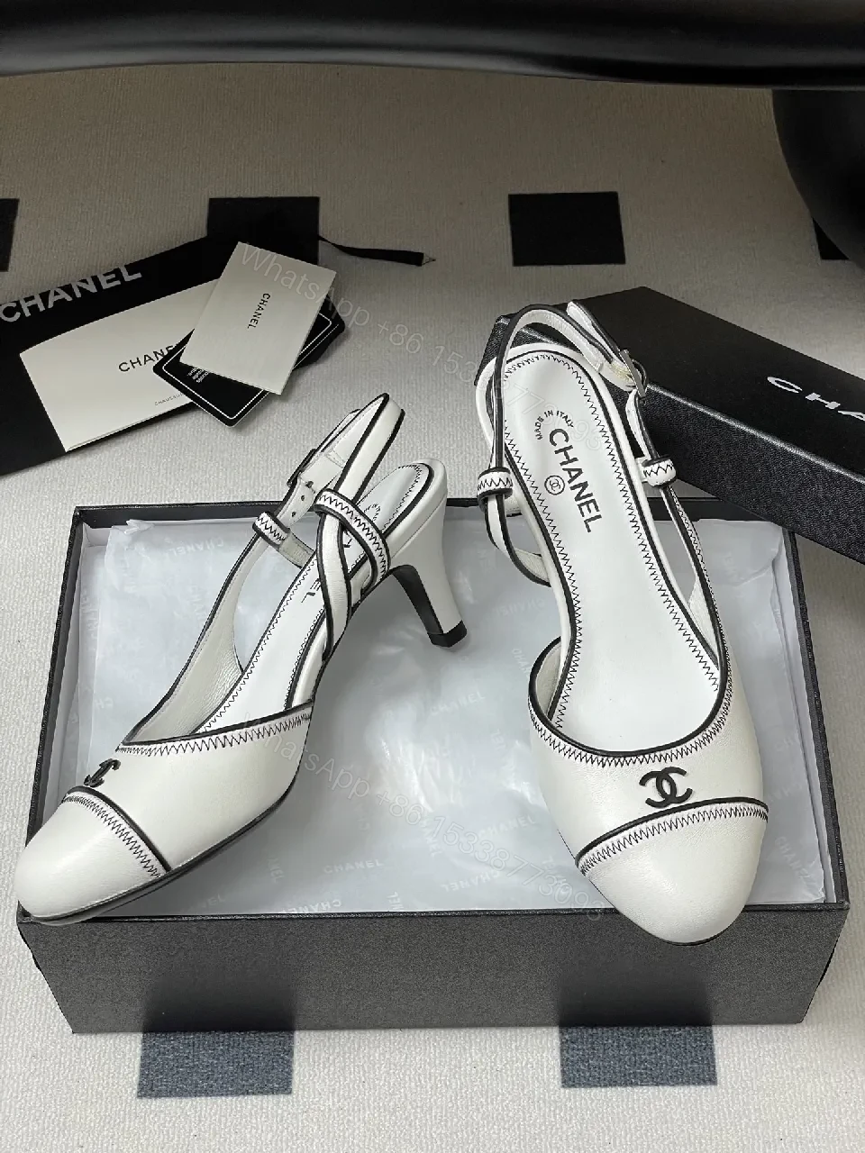 View 7 of White Leather Slingback Pumps with Contrast Stitching