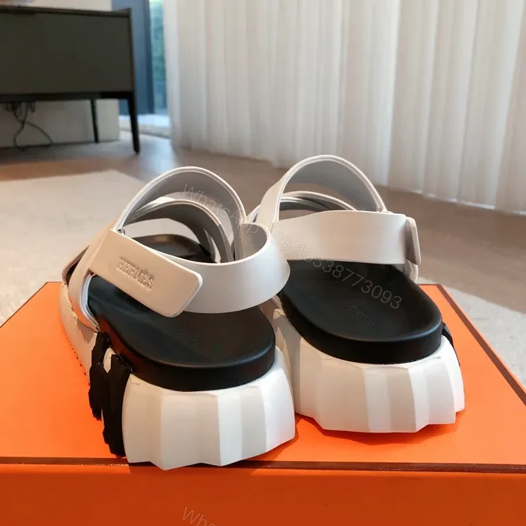 View 4 of HermÃ ̈s White Leather Sandals - Sculpted Sole, All-Day Comfort