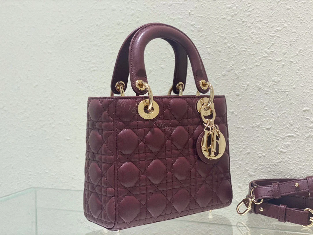 View 3 of Dior Lady ABC High-end Women’s Handbag, Dark Red, Soft Leather 20cm
