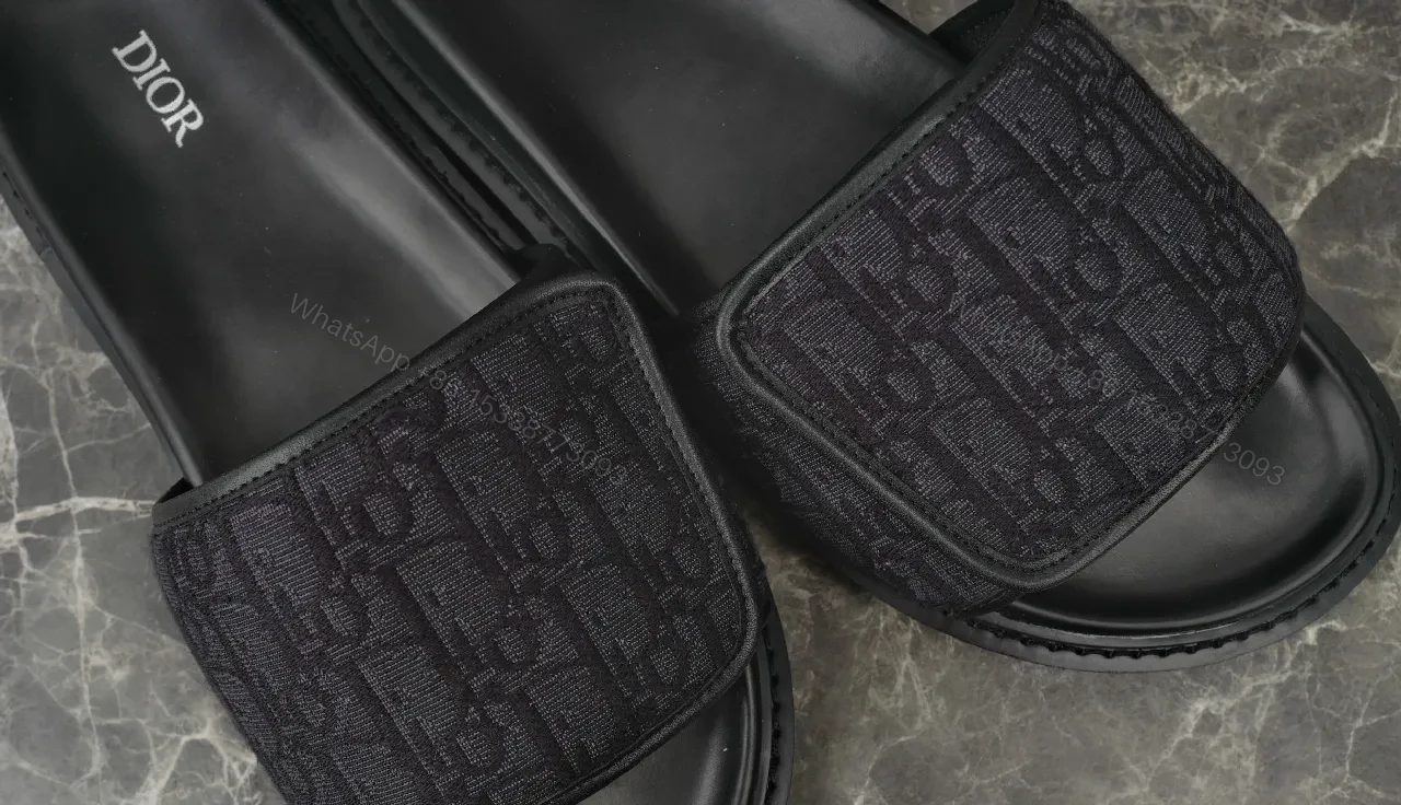 View 2 of Black Mono Slide: Textured Strap Luxury Slides