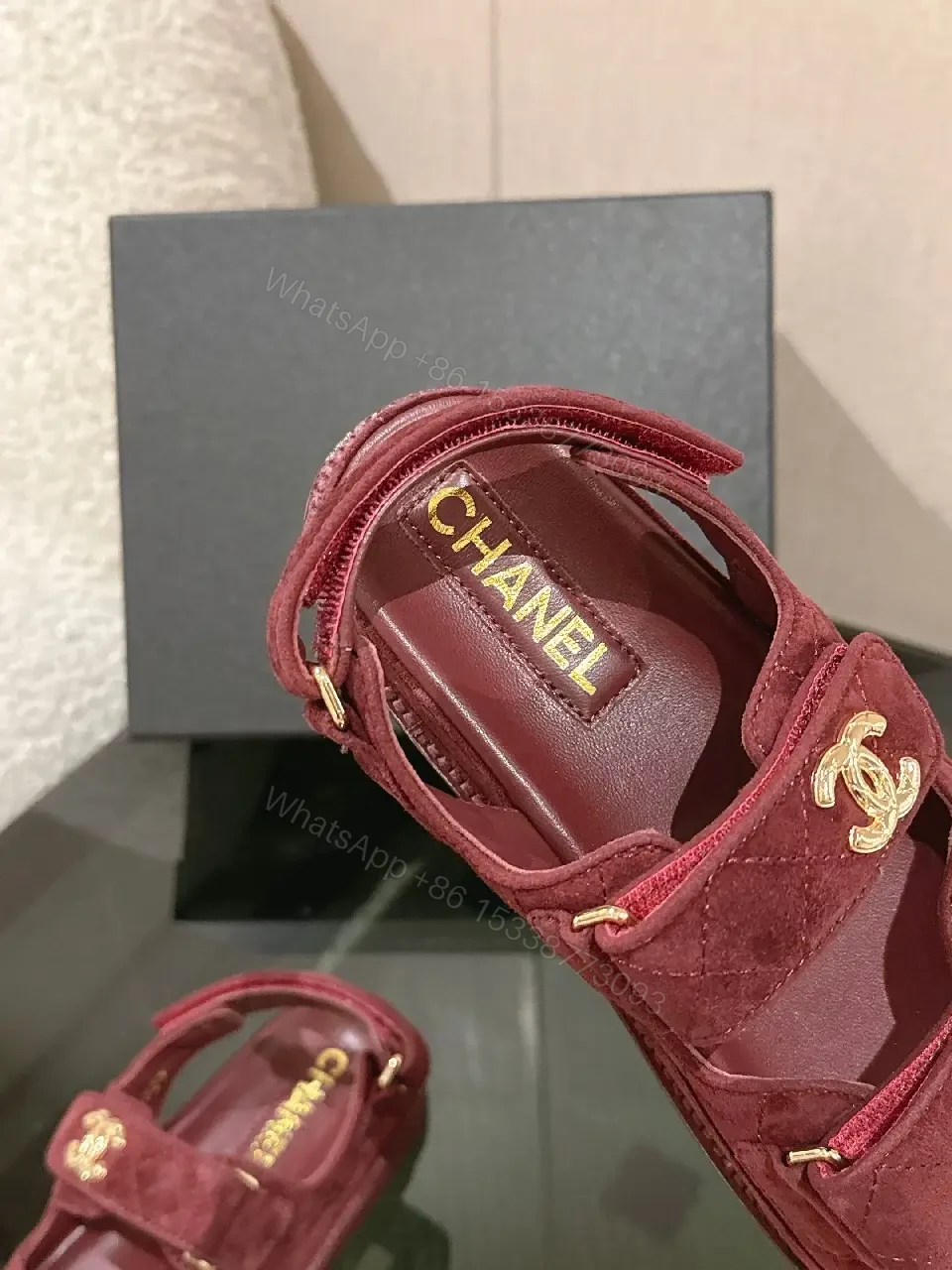 View 5 of Textured Burgundy Suede Slides with Gold Hardware - Luxe Comfort