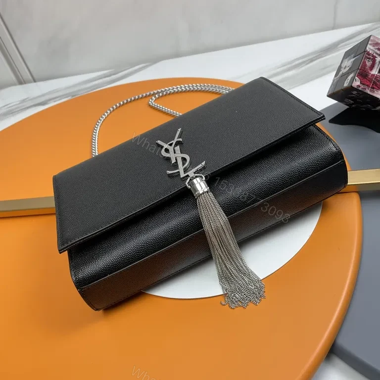 View 5 of Chic Black Leather Clutch: Silver YSL-Inspired Emblem, Chain