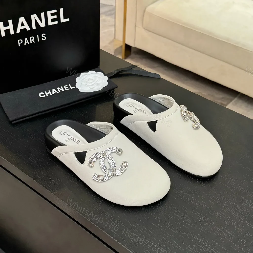 Light-Gray Satin Mules with Crystal Emblem - Subtle Glamour — view 1