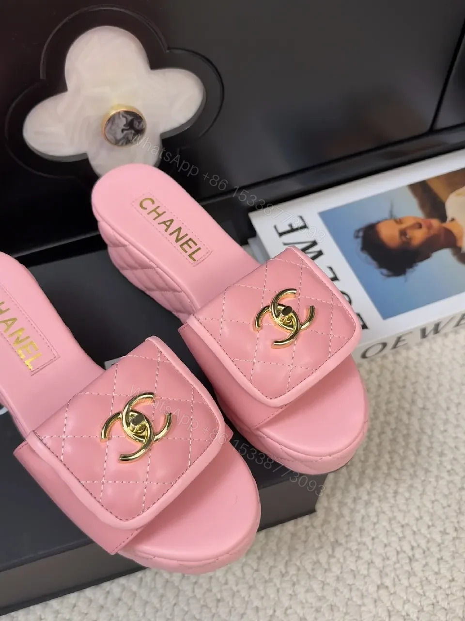 View 9 of Pink Quilted Sandals with Gold Logo: Chic Comfort Sandals