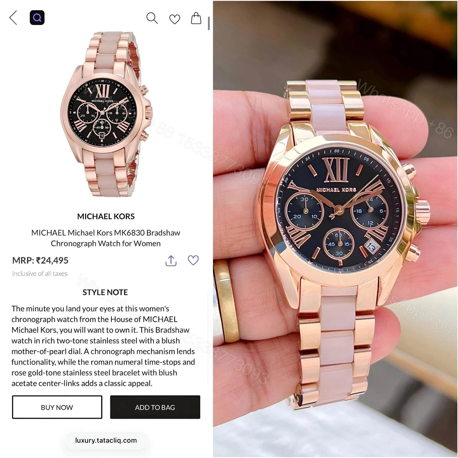 View 2 of First Copy Michael Kors Bradshaw Rose Gold Black Dial Women’s Analog Watch