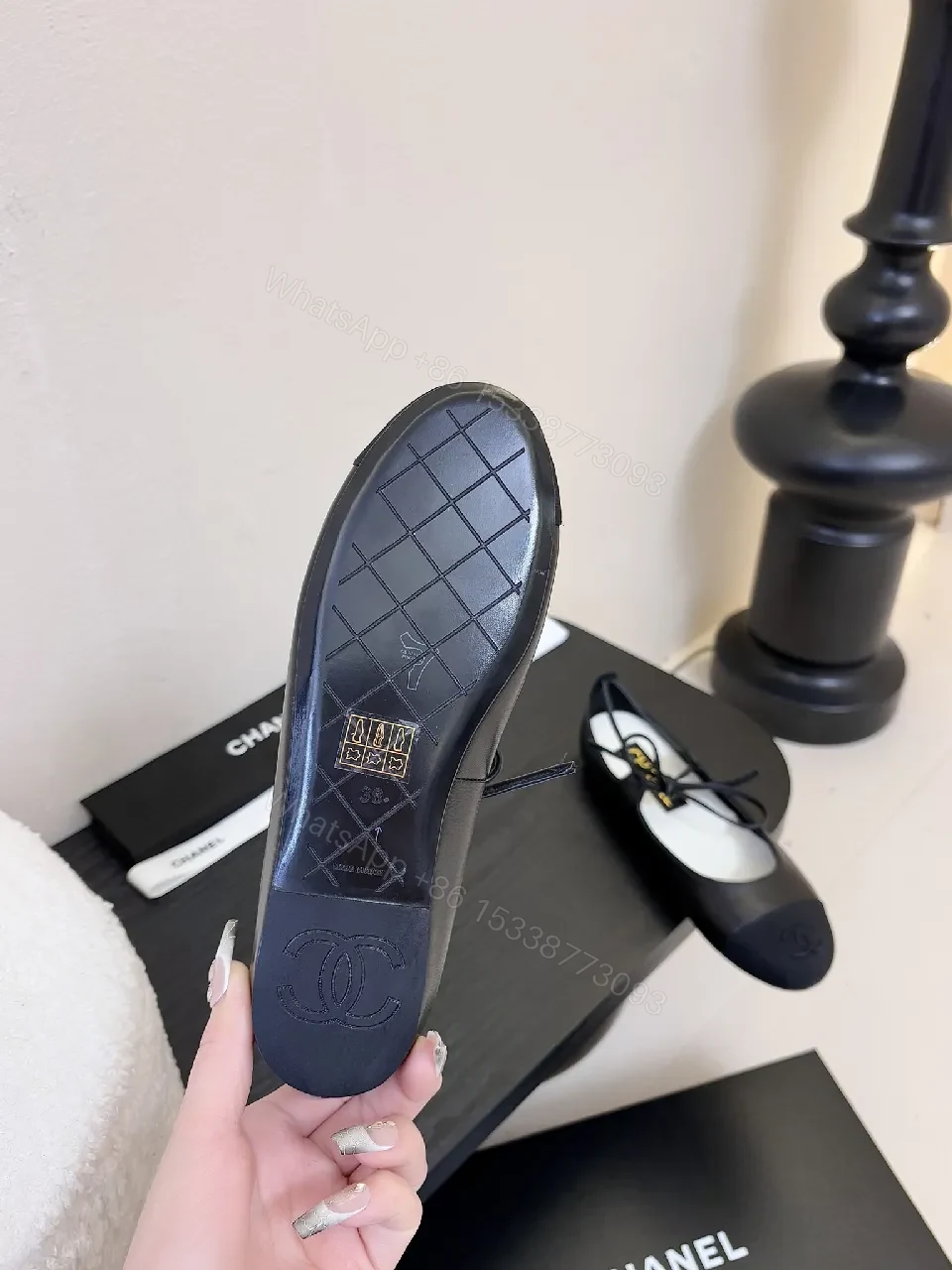 View 9 of Chic Black Leather Ballet Flats with Subtle Logo Detailing