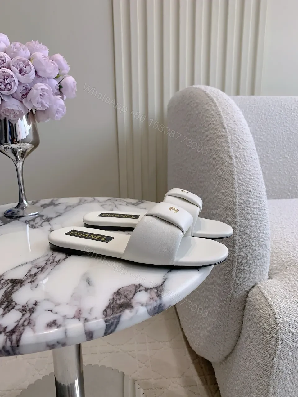 View 8 of White Leather Slide Sandals - Luxe Comfort, Subtle Logo