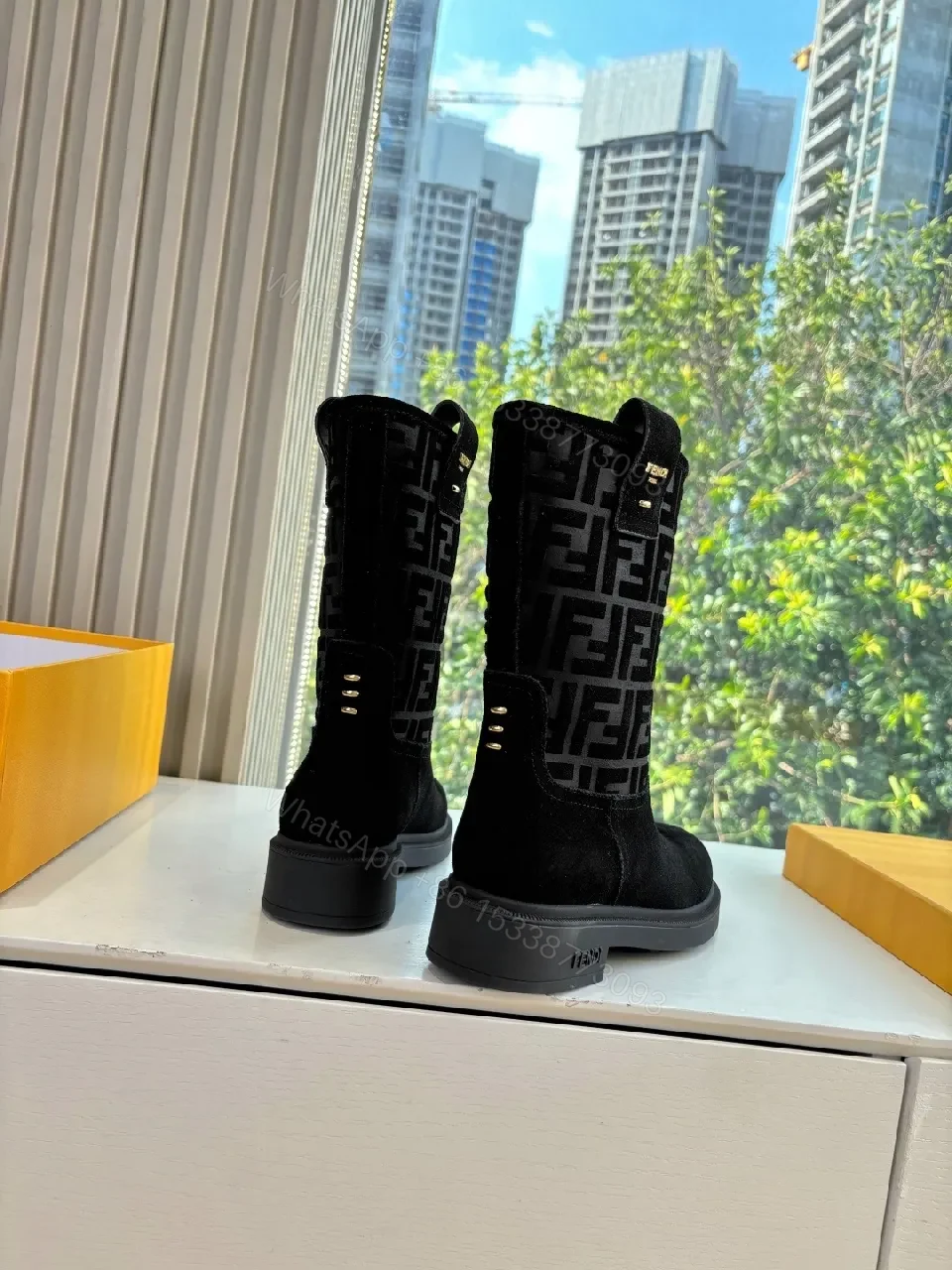 View 7 of Black Suede Boots with Monogram Pattern Mid-Calf Luxe Comfort