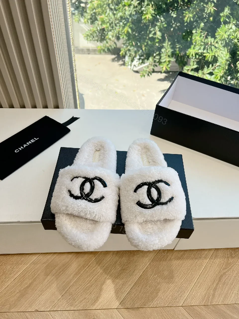 View 7 of White Fuzzy Slides with Logo Detailing, Luxe Comfort Slide