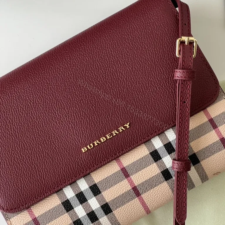 View 9 of Burberry Burgundy Leather Plaid Crossbody Bag with Gold Accent