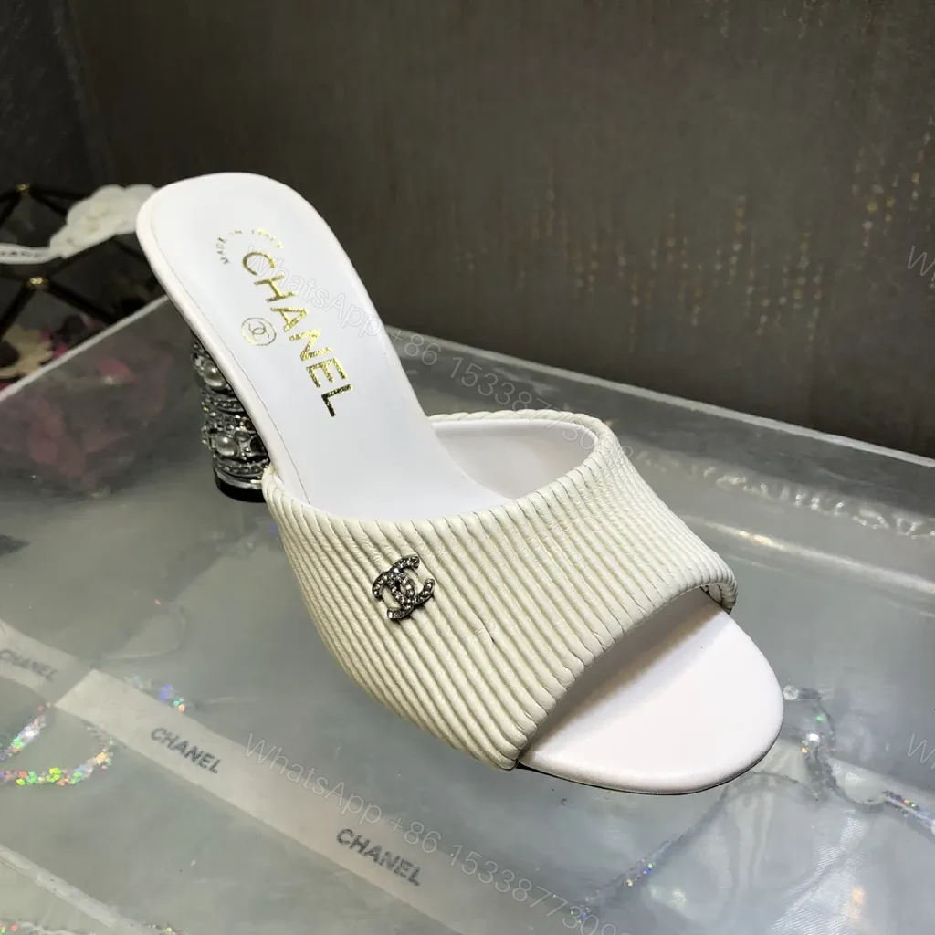View 8 of Ivory Knit Slide + Textured Strap + Glam Block Heel + All-Day Comfort Slide