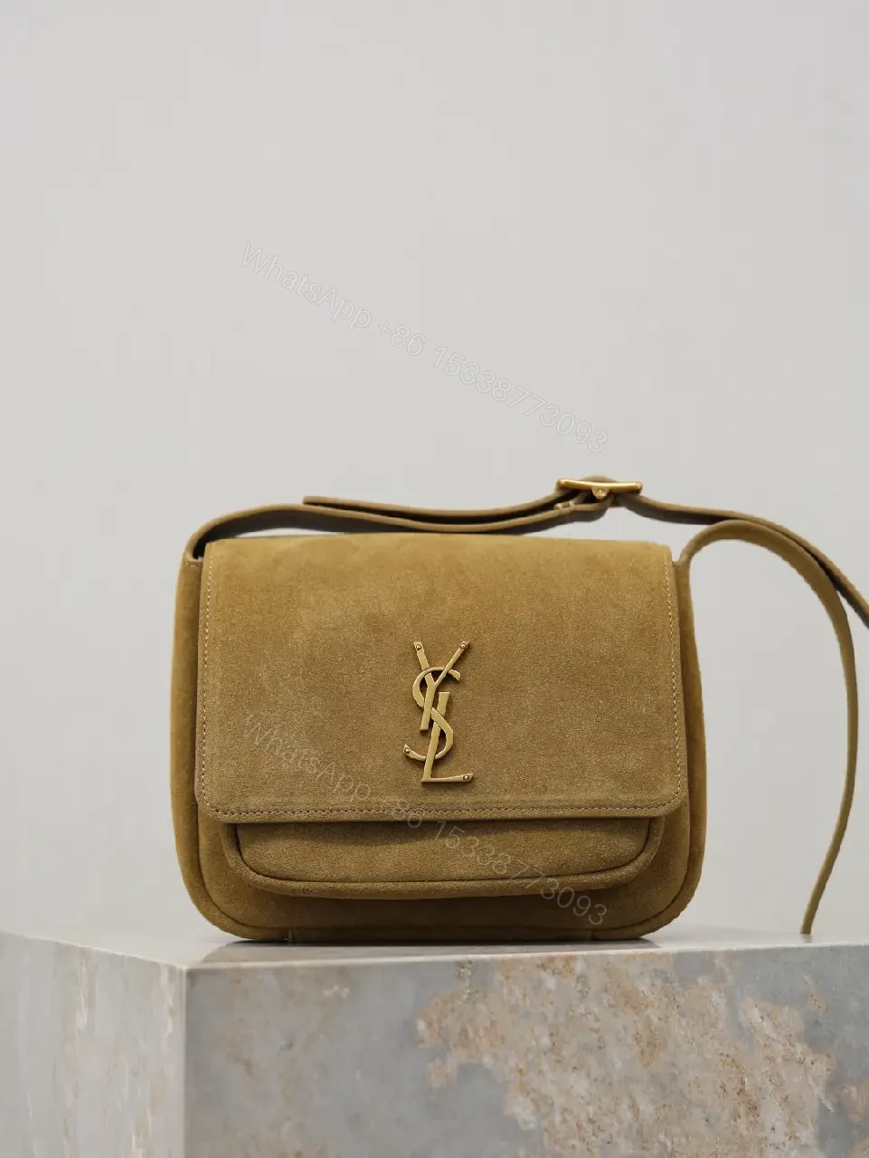 View 5 of Timeless Suede Crossbody with Gold Emblem, Compact Luxury