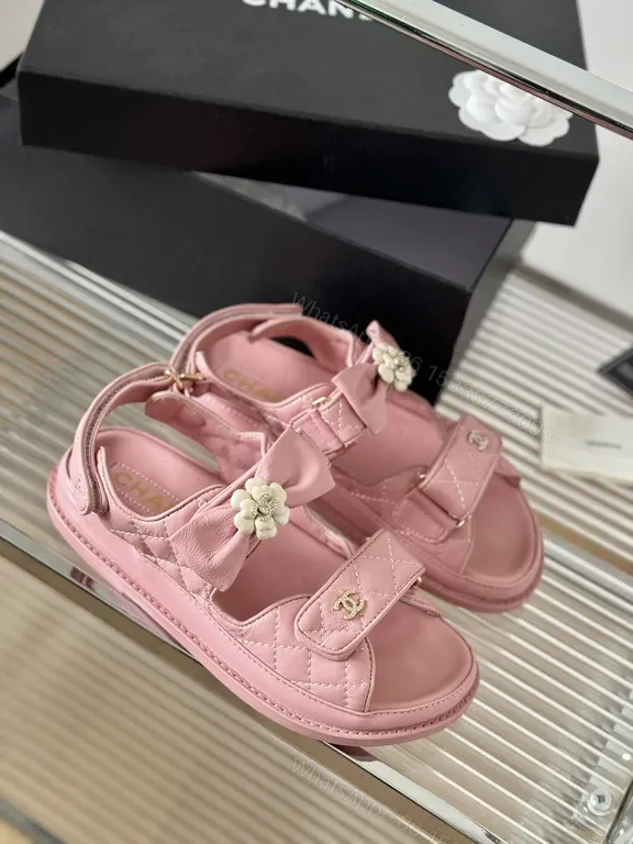 View 6 of Pink Leather Sandals â€“ Chanel-Inspired, Floral Accents, All-Day Comfort