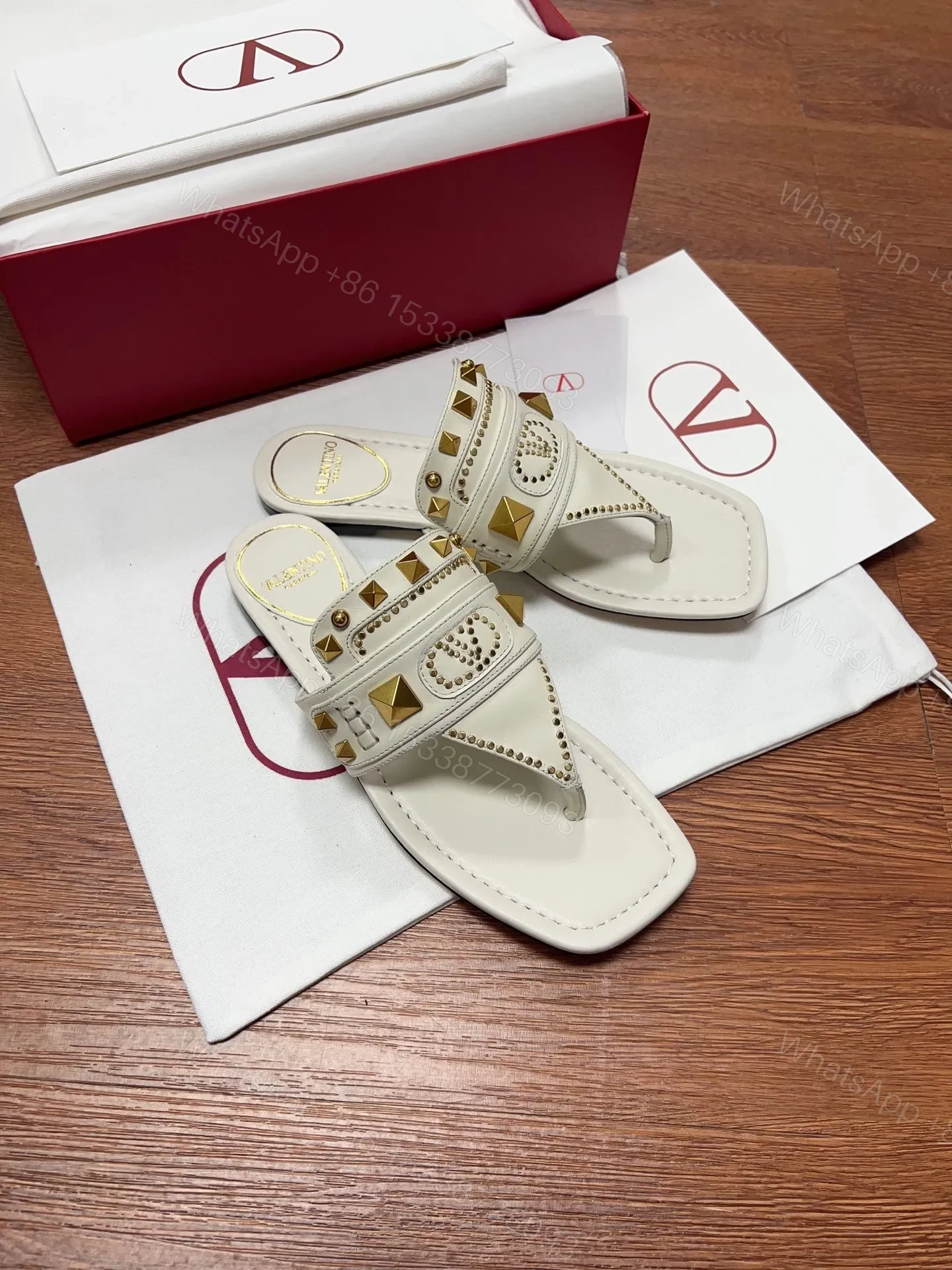 View 3 of Valentino Women White Leather Studded Sandals