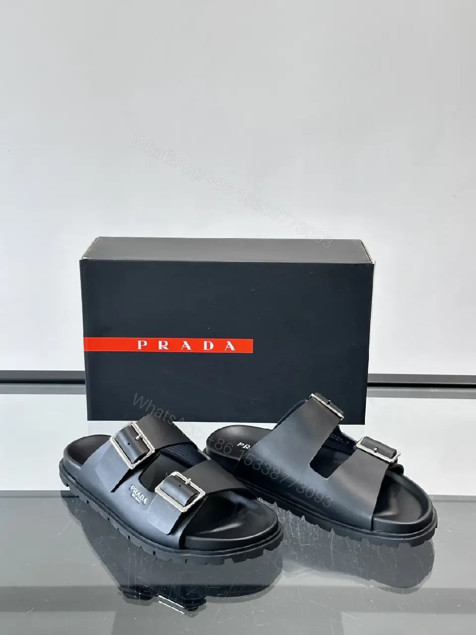 View 4 of Black Leather Double-Buckle Sandals — Prada Style Sliders