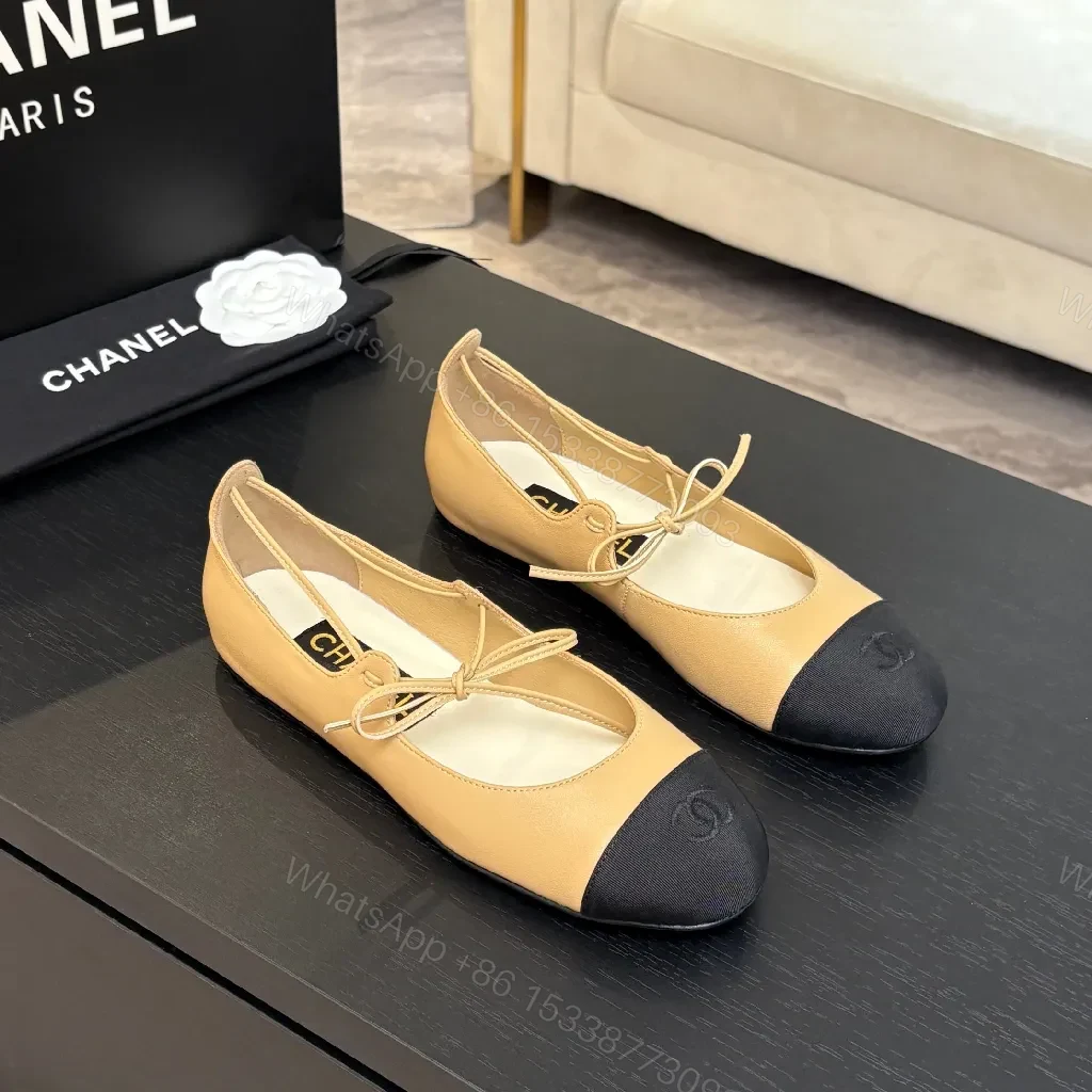 Tan Leather Ballet Flats – Black-Tipped, Bow Accent, Cushioned Comfort — view 1