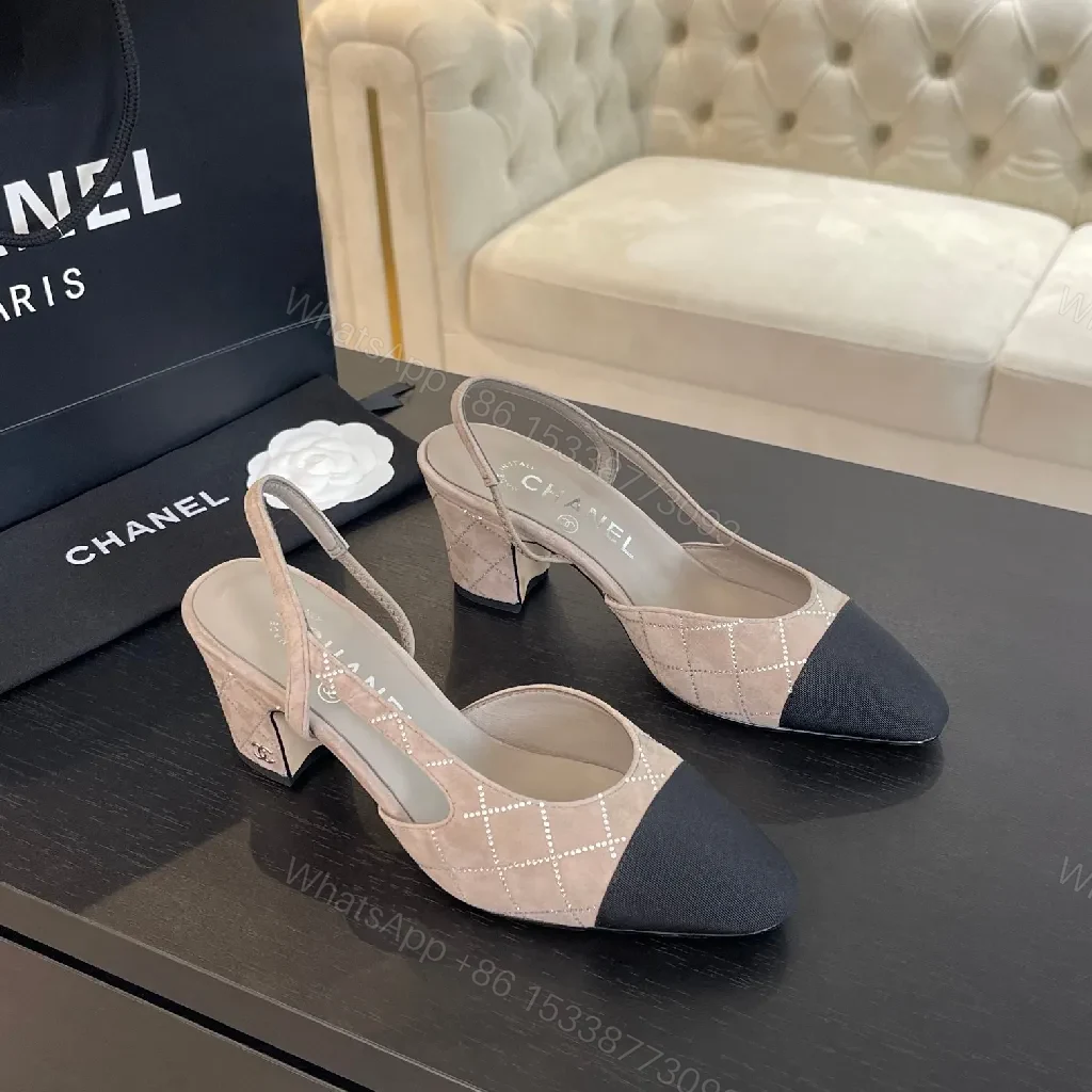 View 8 of Two-Tone Quilted Slingbacks: Neutral Beiges & Black Cap