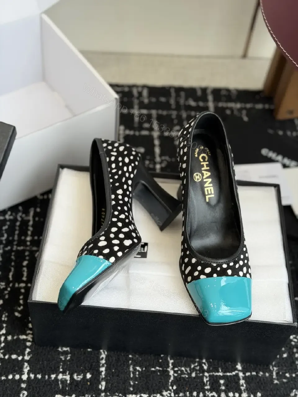 View 2 of Black/White Polka Dot Heels with Turquoise Cap Toe, Block Heel Style, Chanel-inspired, Pump
