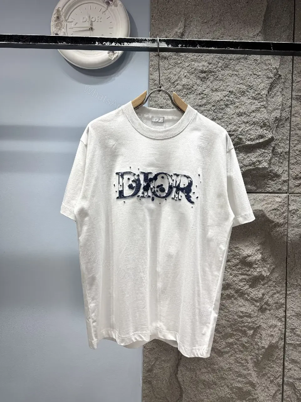 White Cotton Tee with Distressed DIOR-Inspired Logo (Casual Luxe) — view 1