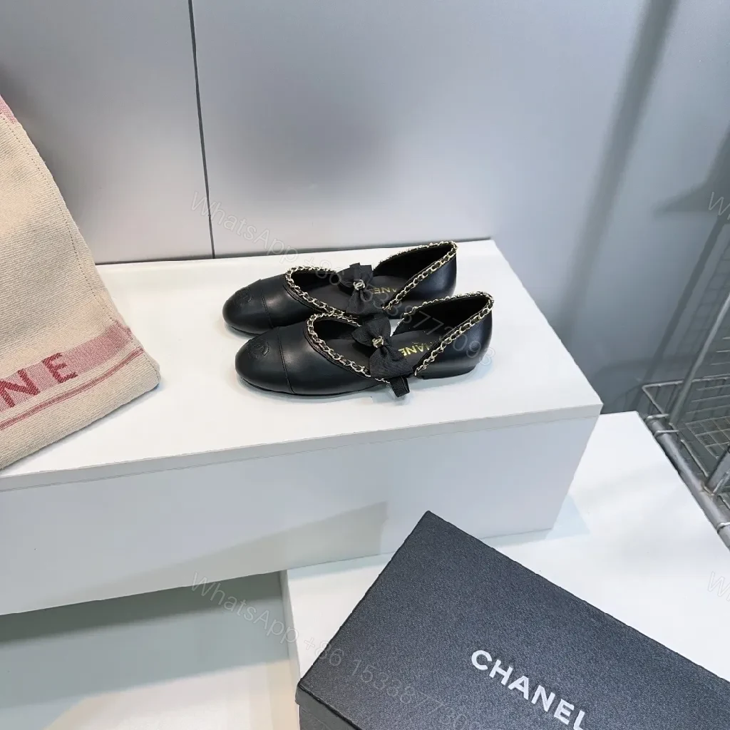View 8 of Chic Leather Ballet Flats with Chain Trim and Bow