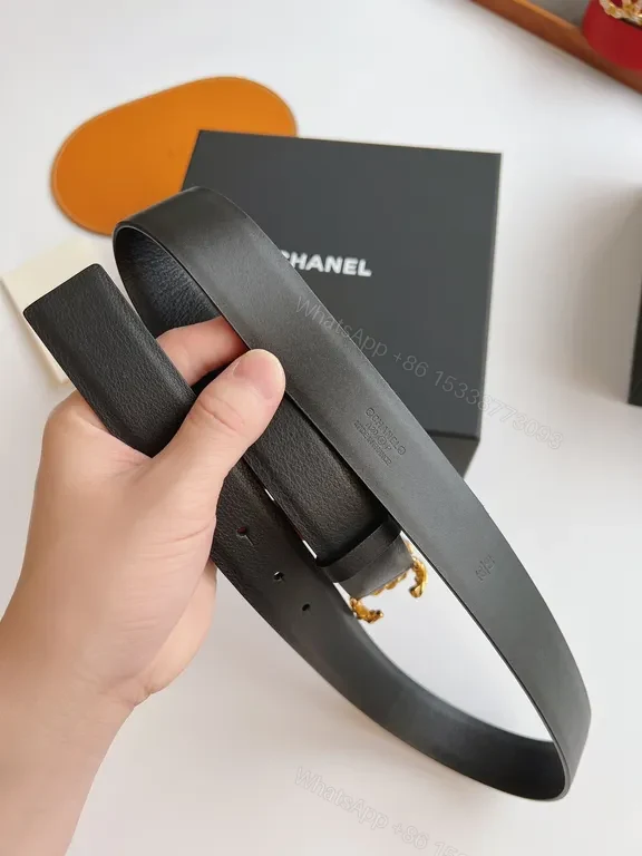 View 8 of Chanel-Style Leather Belt with Gold Logo Clasp
