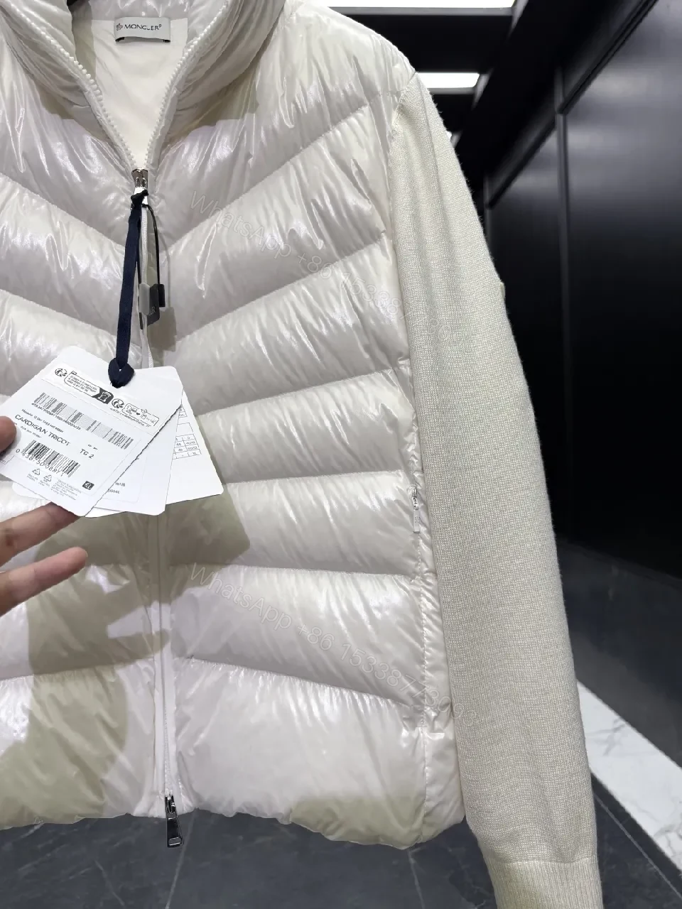 View 4 of Lightweight Off-White Puffer Jacket with Knit Sleeves Fusion