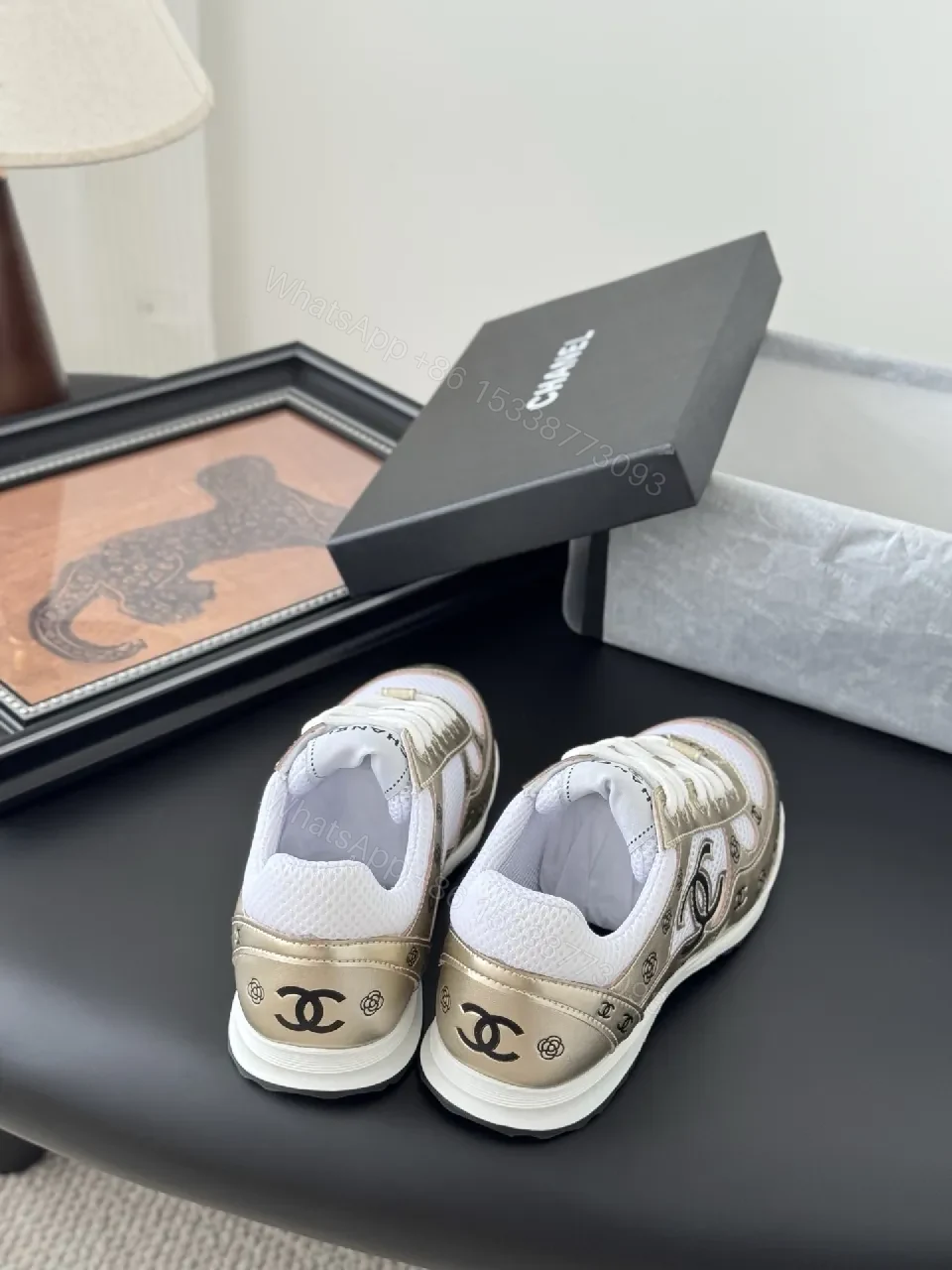 View 4 of Gold-Tone Leather Sneakers: Luxe Comfort, Designer-Inspired Style