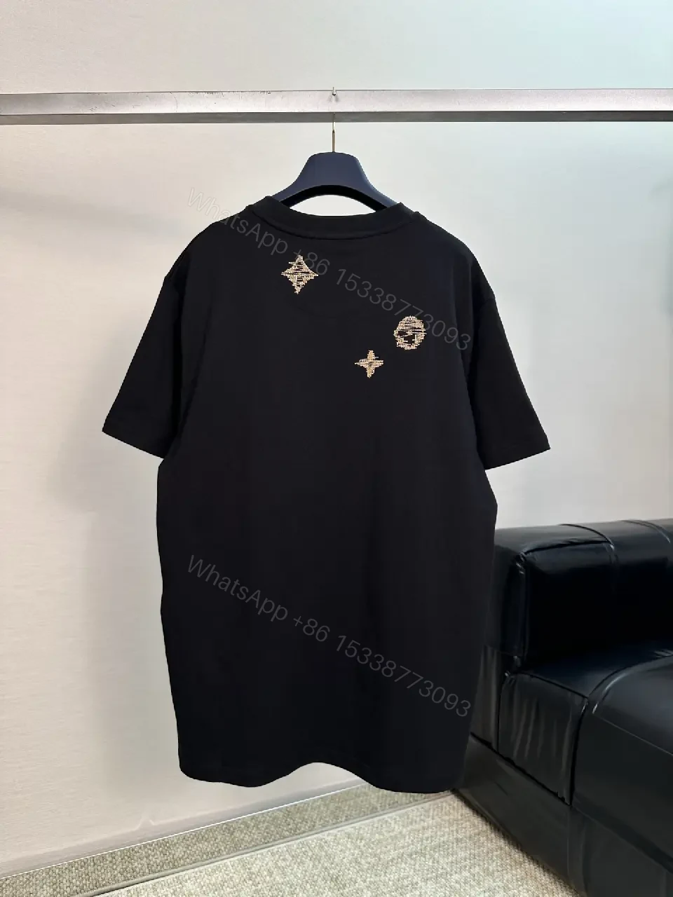 View 4 of Black Cotton Tee with Gold Embroidered Louis Vuitton Motif Tee