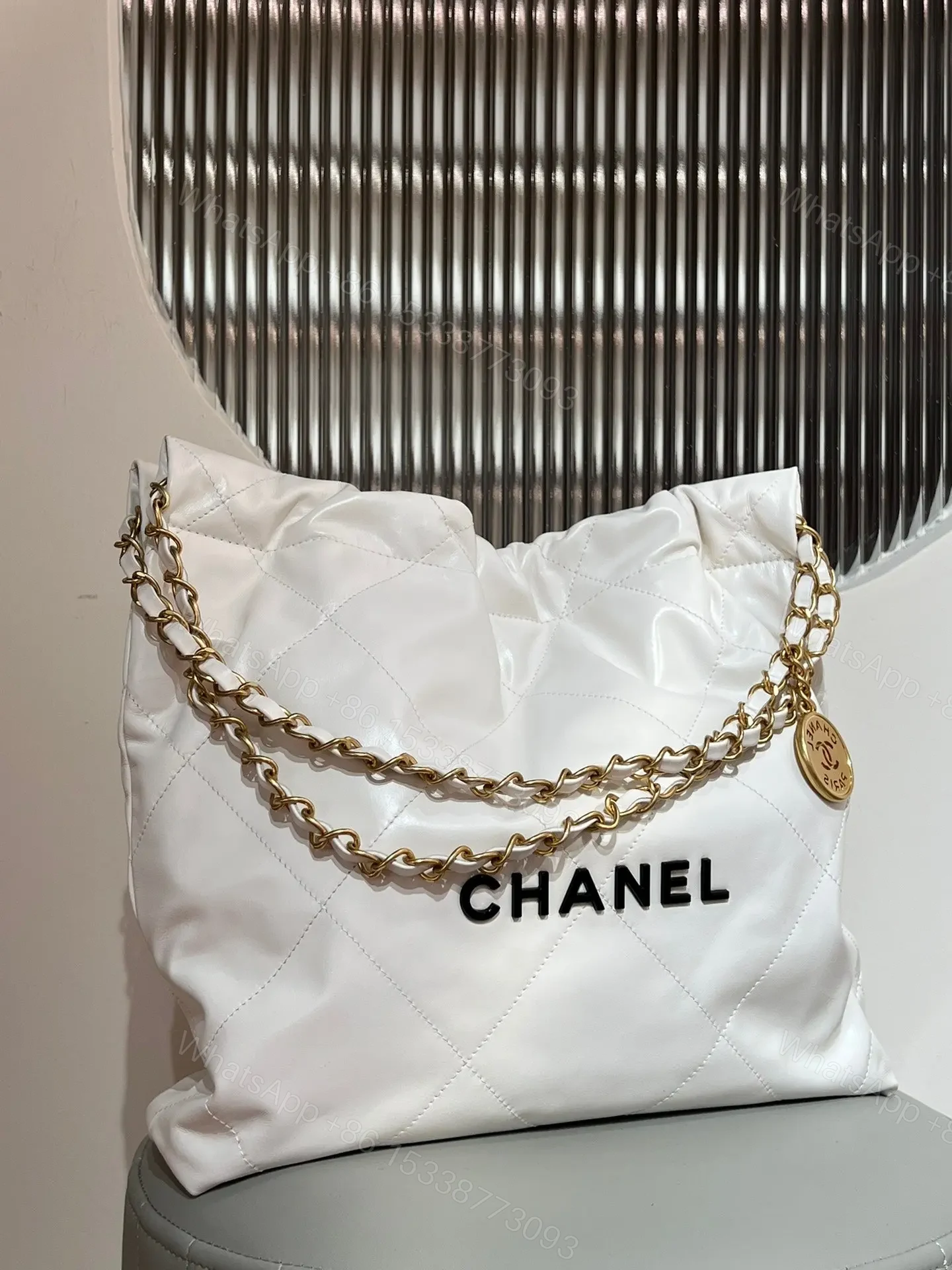 View 2 of CHANEL 22 Bag Small White Lambskin Leather