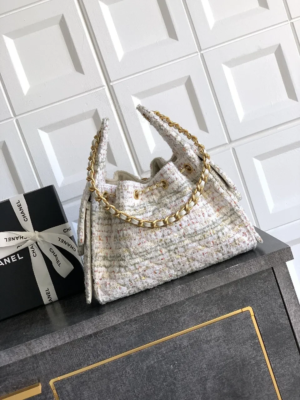 View 5 of Chanel-Inspired Tweed Handbag with Gold Hardware