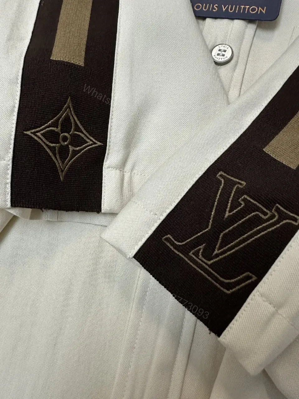 View 12 of White Cotton Polo Shirt with Black Accent Louis Vuitton Style Key Feature Pocket Short Sleeve Shirt