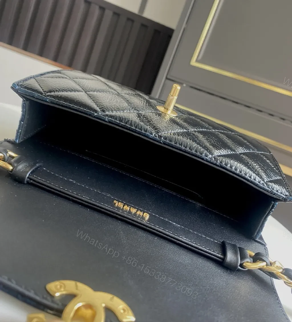 View 8 of Quilted Black Leather Bag with Gold Hardware, Classic Style