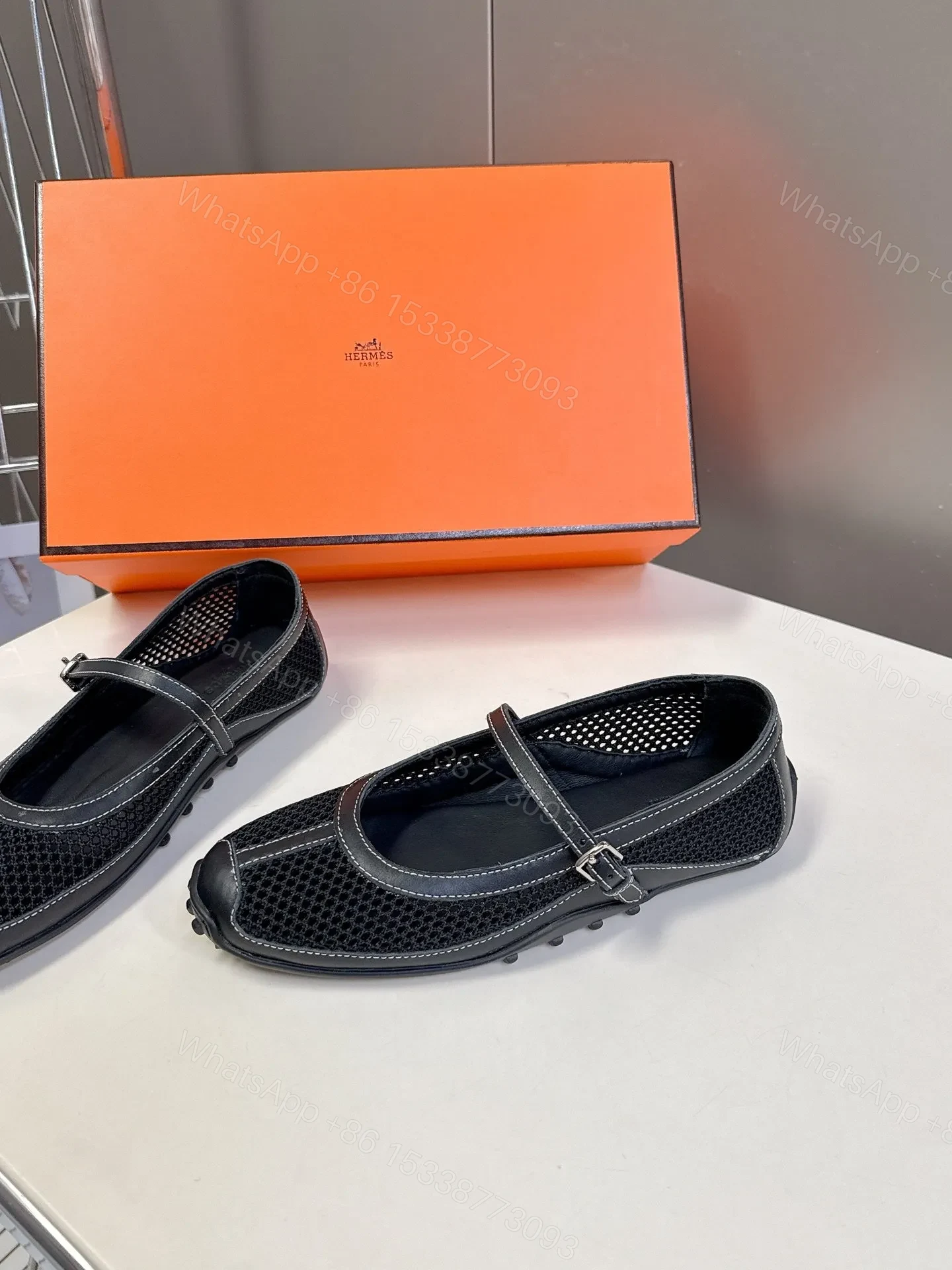 View 2 of Hermes Women Black Mesh Leather Mary Janes