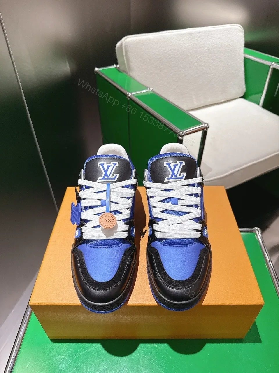 View 2 of Blue & Black High-Top Luxury Sneakers with Monogram Details