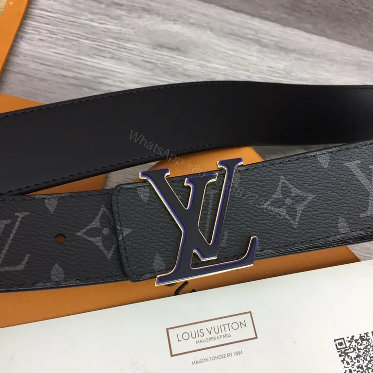 View 7 of Dark Matte LV-Style Monogram Belt with Gunmetal Buckle (Men)