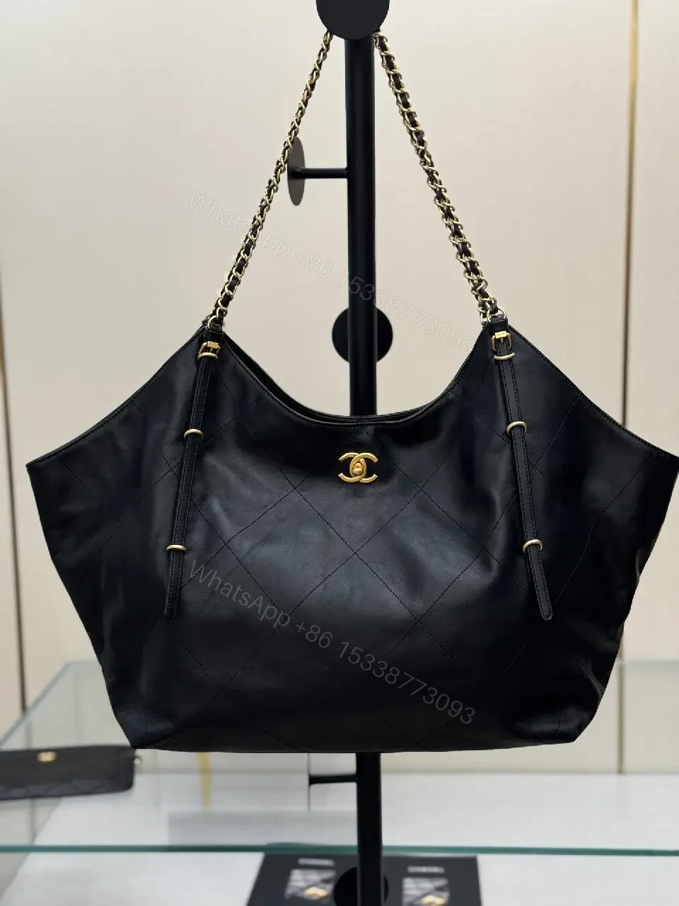 View 2 of Quilted Tote Black Leather-Style, Dual Chain, Luxury Tote