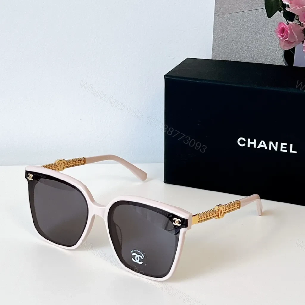 Soft Pink Acetate Sunglasses with Gold Chain Temples - Square Silhouette — view 1