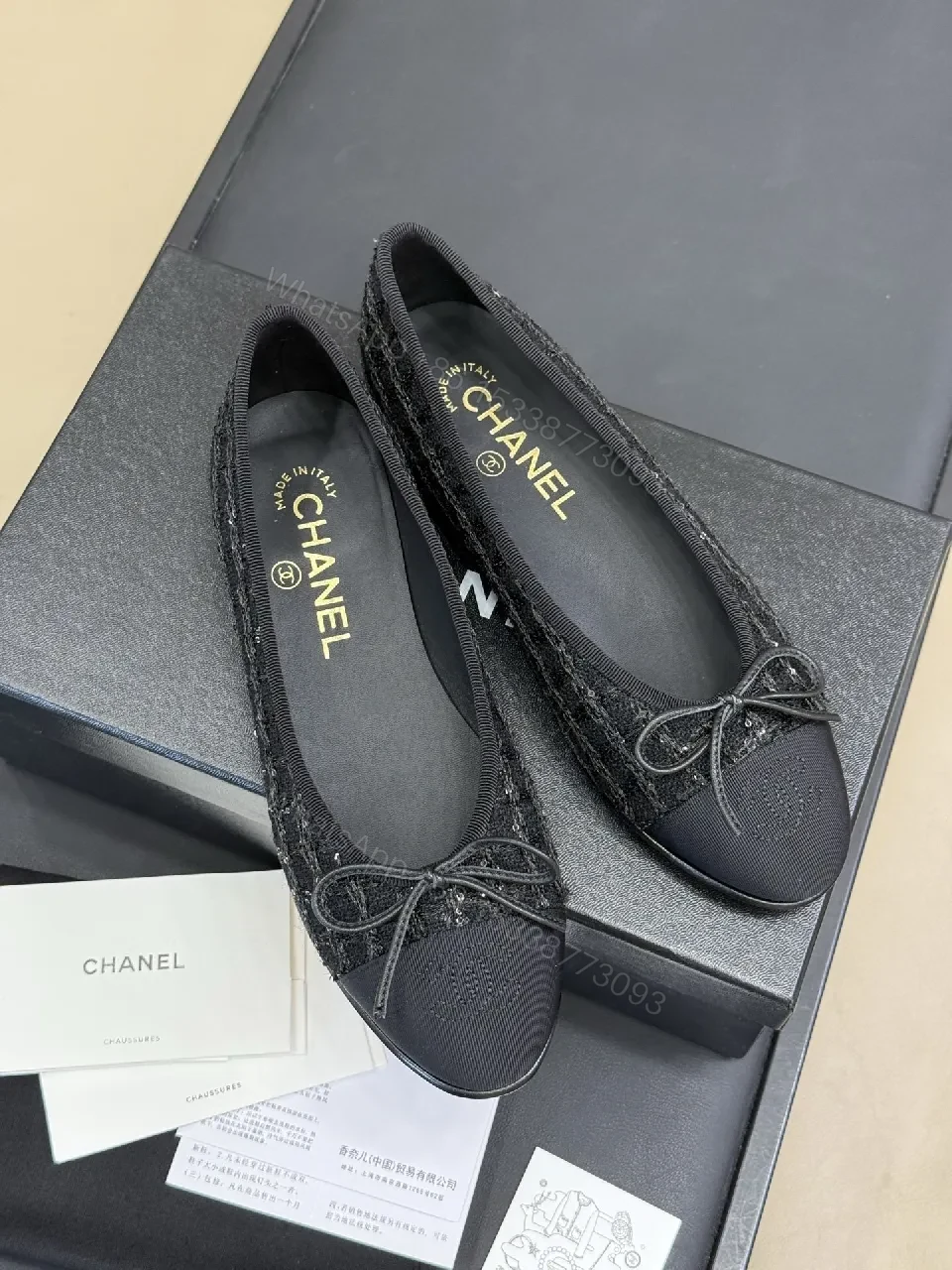 Textured Black Ballet Flats with Satin Bow, Luxury Style, Comfort-Hub Flats — view 1