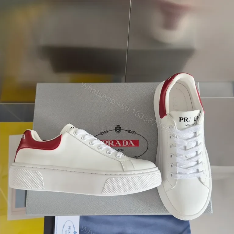 View 3 of Minimalist White-Red Leather Sneakers with Prada Touch
