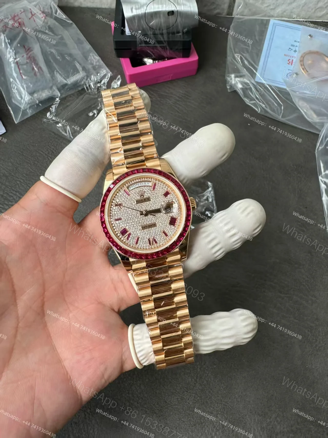 View 2 of Rolex Day-Date 228398TRU 1:1 Custom Edition Ruby & Moissanite Diamond Dial and Bezel 40MM 3255 Movement Super Clone Watch