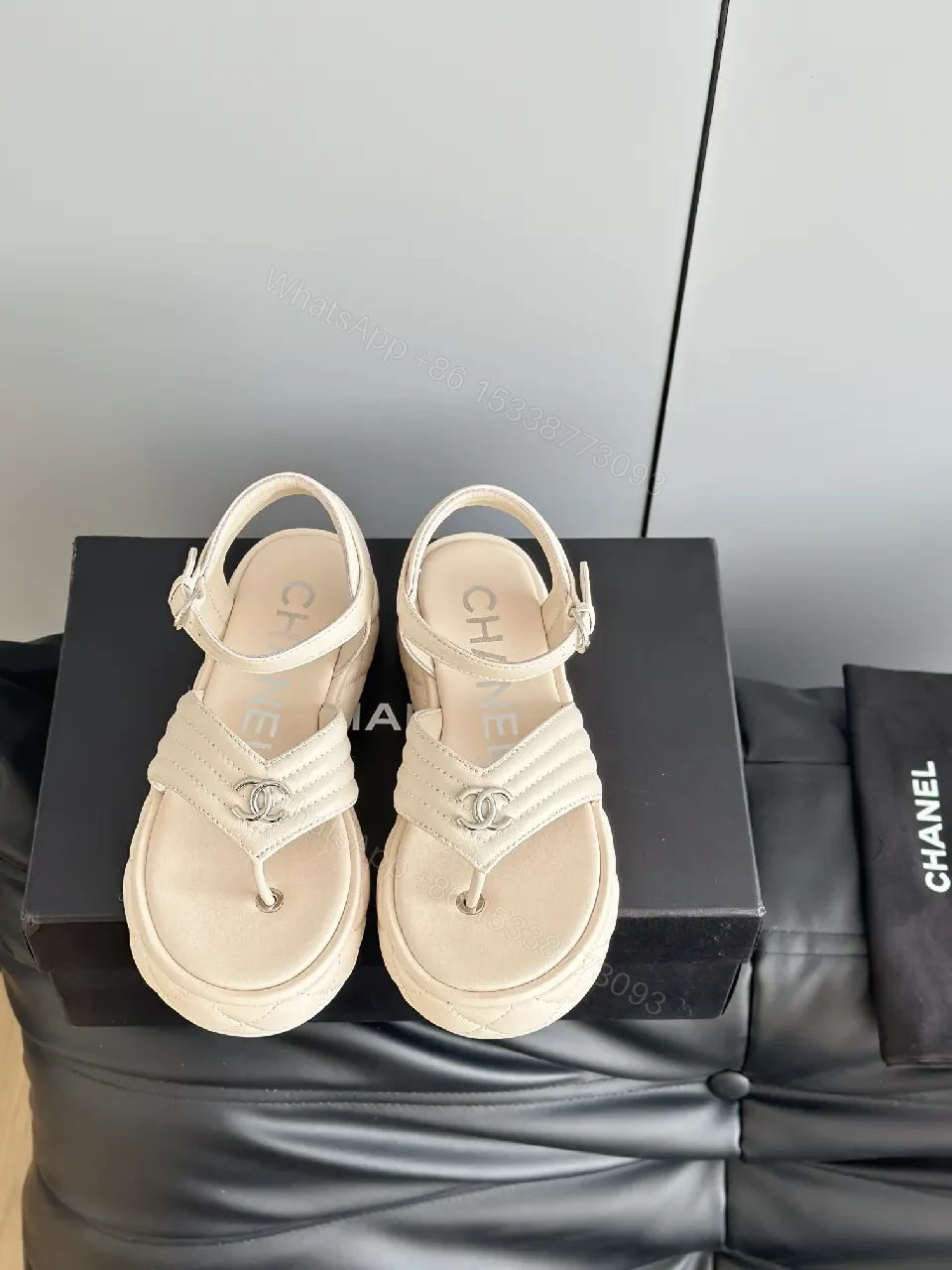 Elegant Comfort Sandal: Signature Hardware, Open-Toe, Beige Leather-like Finish — view 1