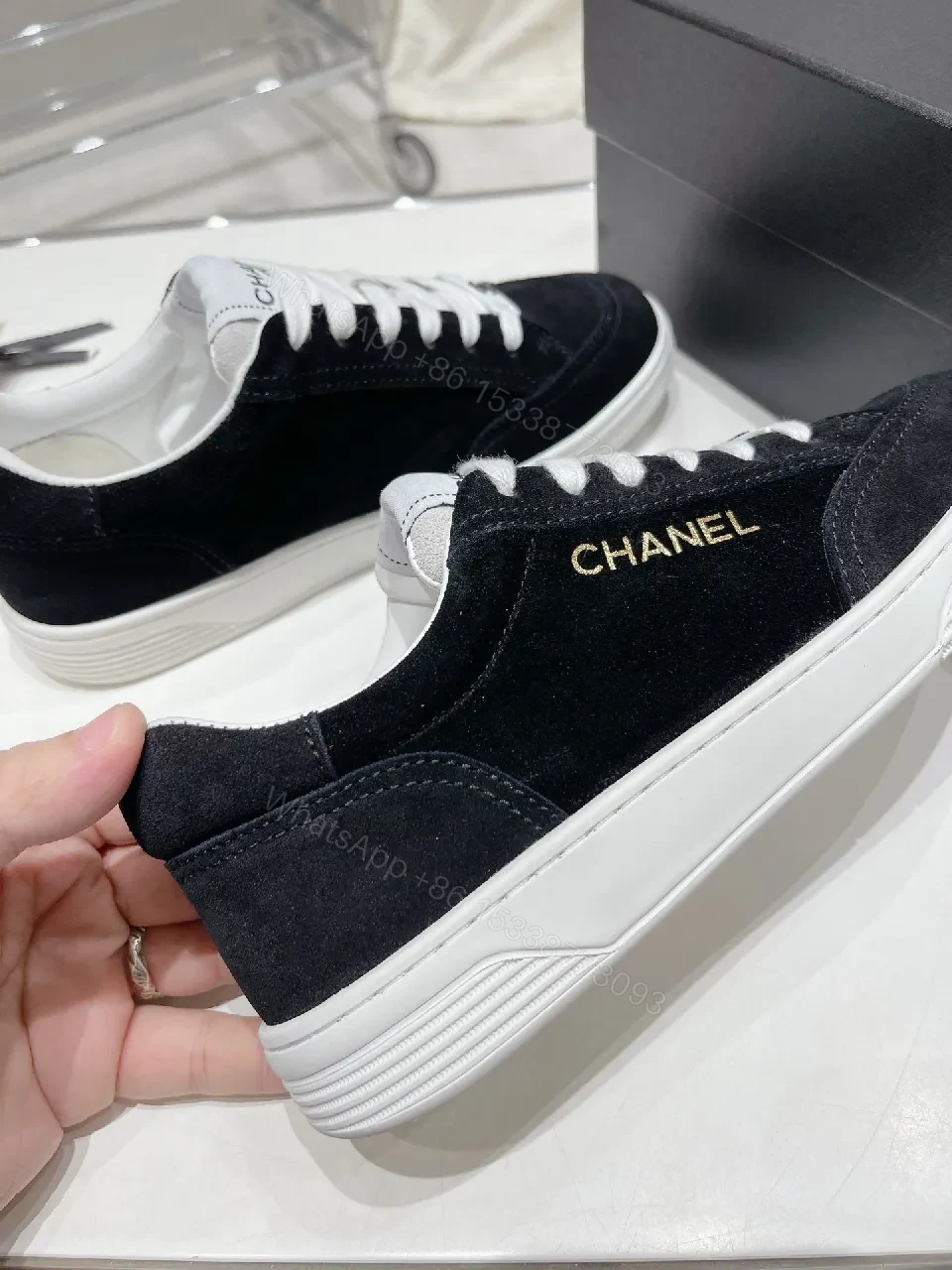 View 2 of Black & White Suede Leather Sneakers - Subtle Logo Details, Everyday High-Tops