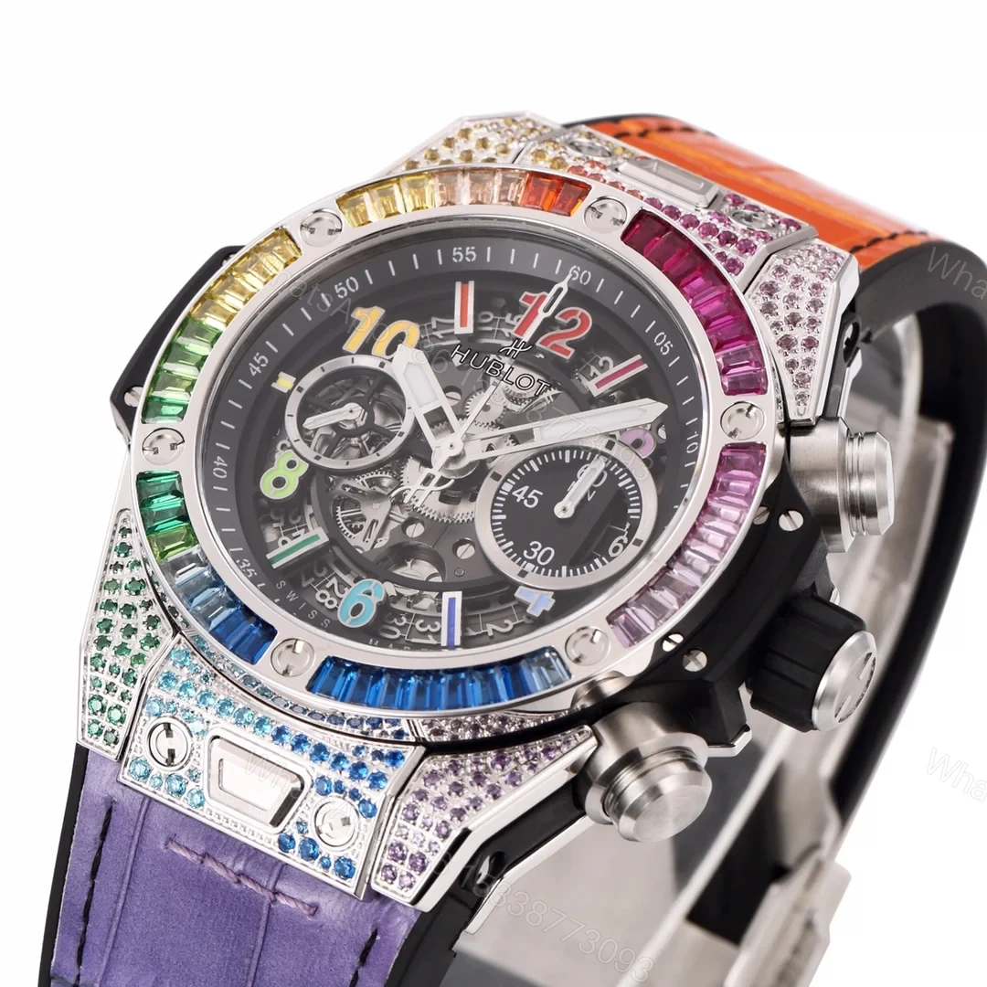 View 4 of Hublot Big Bang Rainbow Replica 45MM Premium Gem Bezel Orange Purple Leather Strap Edition RG-HUBLOT-RAINBOW-45