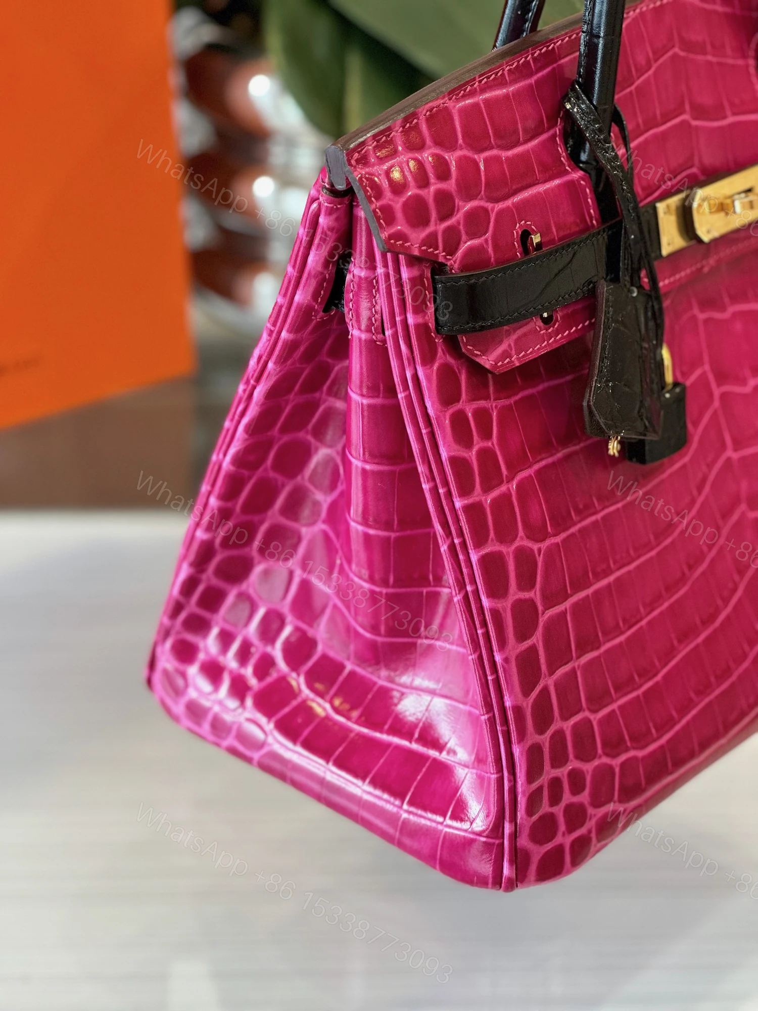 View 5 of Hermes Birkin Pink/Black Genuine Crocodile Leather Gold Hardware – Custom Made