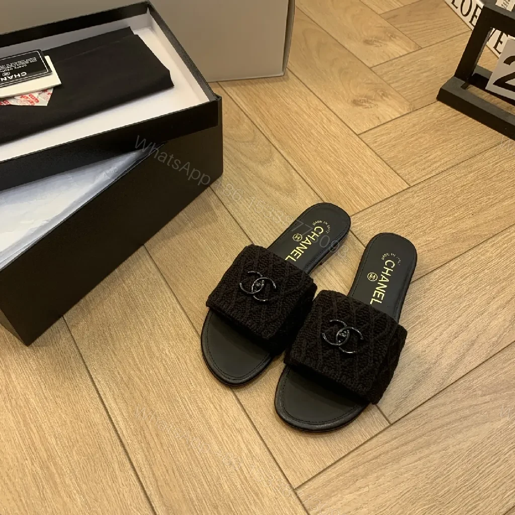 Monochrome Knit-Trim Slides: Luxurious Everyday Comfort — view 1