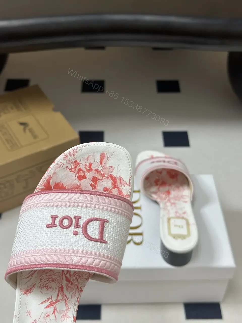 View 5 of pink and white monogram-patterned slide sandals with block heel for everyday luxury