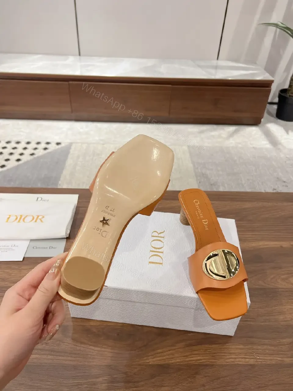 View 8 of Tan Leather Mule Gold Logo Buckle Dior Style Heel Slip-On Sandal