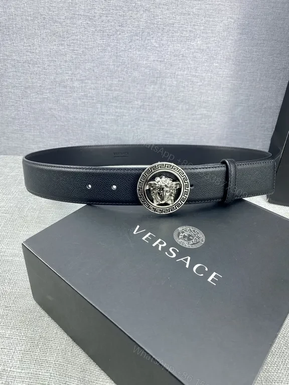 View 3 of Slim Black Leather Belt with Gold Medusa Buckle - Versace Style Belt