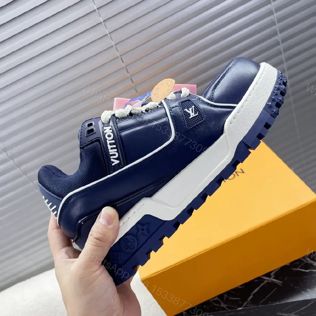 View 9 of Navy Leather High-Top Sneakers with Charms and LV-Inspired Accents